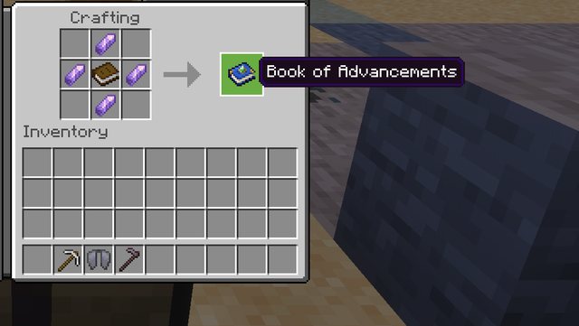 The Book of Advancements crafting recipe: a book surrounded by four amethyst shards