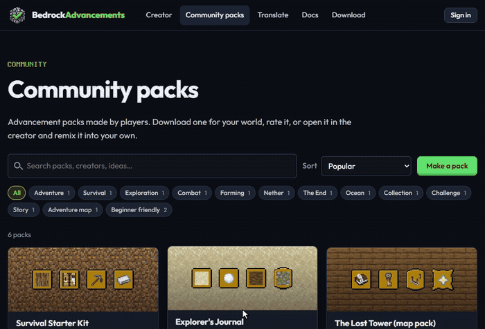 Browsing community packs, with ratings and a live preview of each one