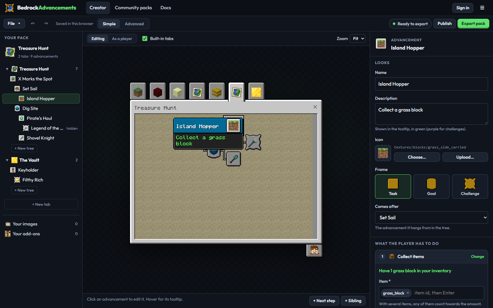 The creator: a tree of advancements on the left, the in-game preview in the middle and the selected advancement's settings on the right