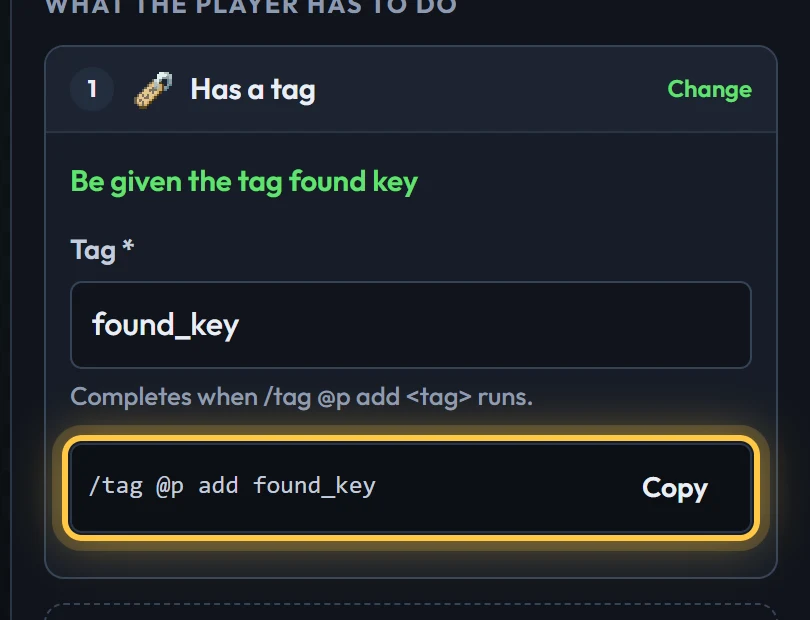 A tag goal in the creator, with the command to run and a Copy button