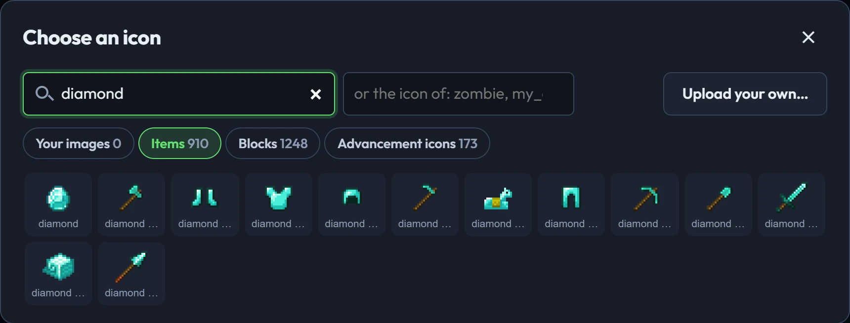 The icon picker searching items for diamond