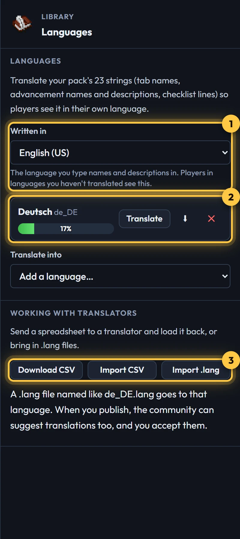 The Languages panel with German added, 17% translated
