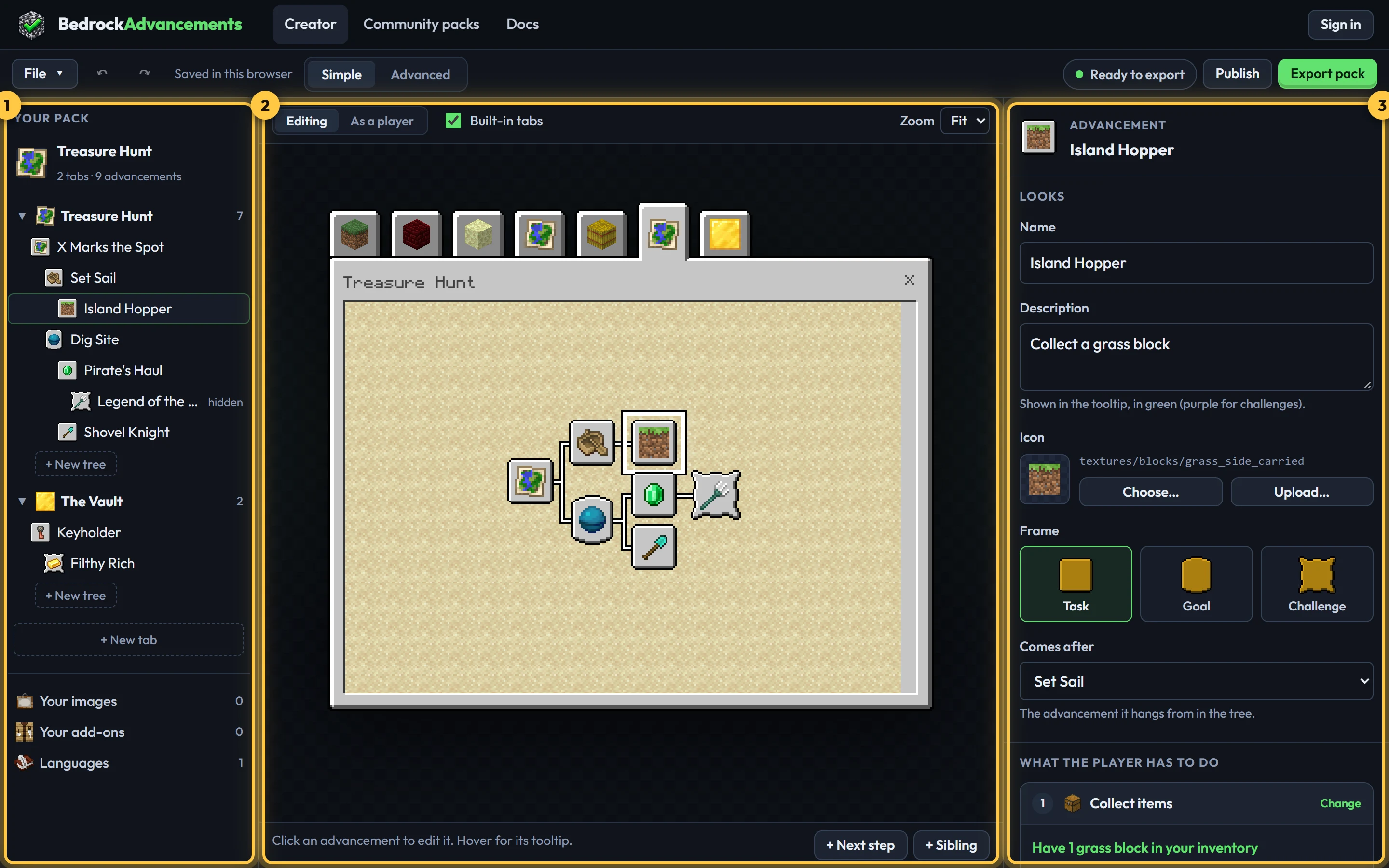 The creator: the pack outline, the in-game preview and the settings side by side