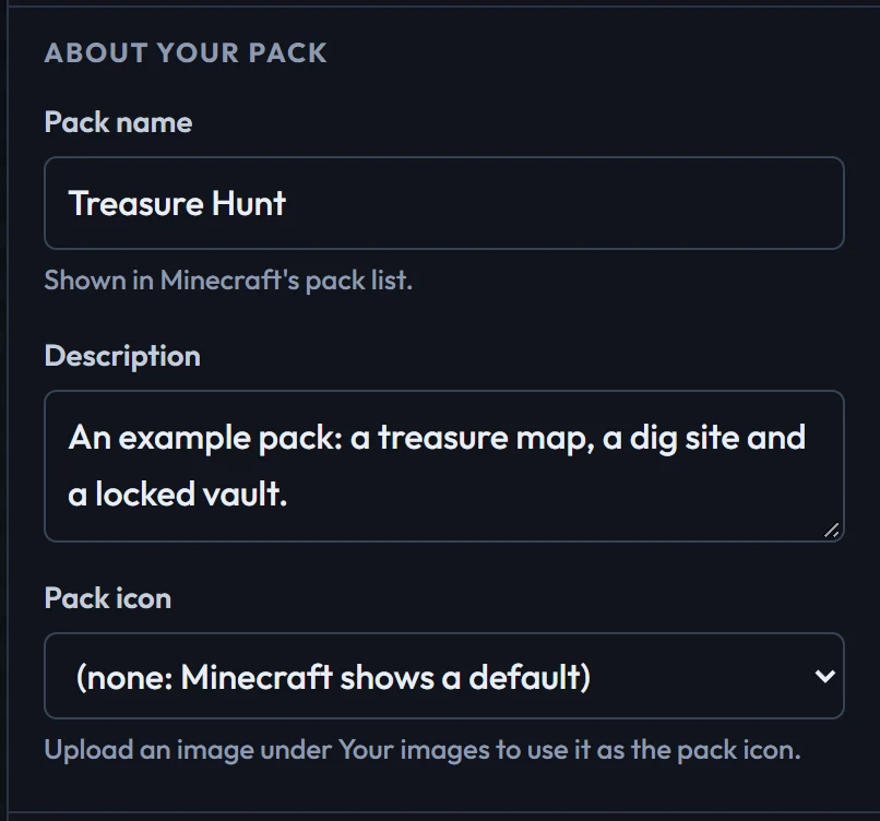 The pack's settings: name, description and pack icon