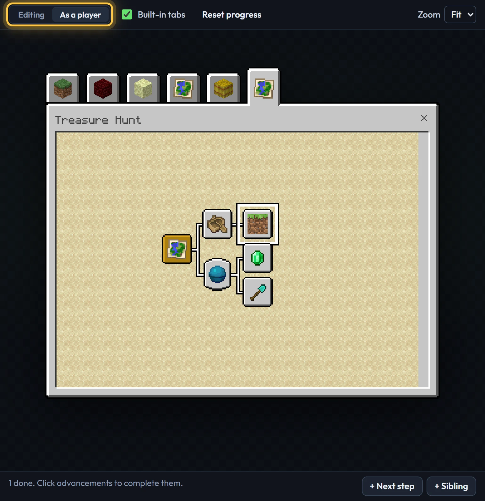 The preview as a player: only the first advancement and what follows it are visible