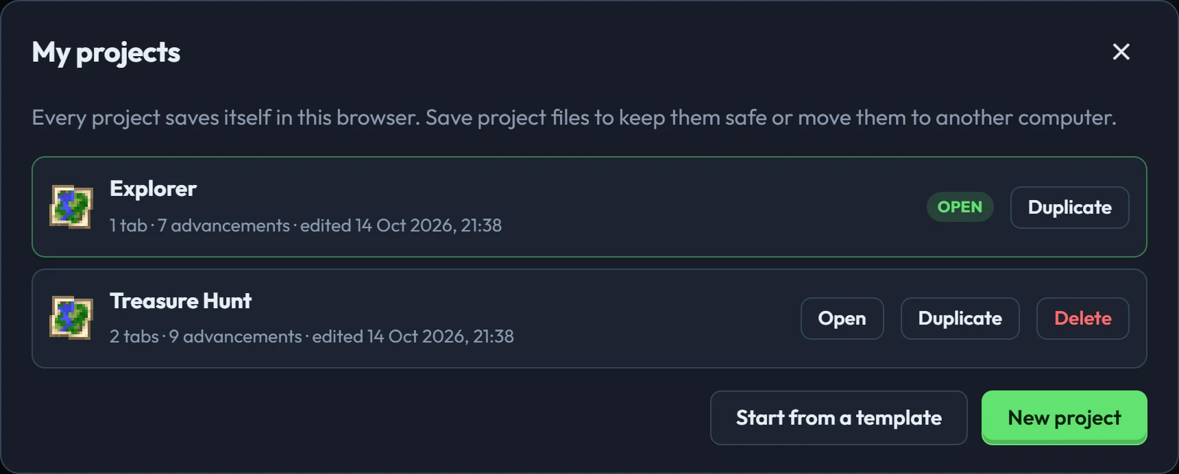 My projects: every project saved in this browser
