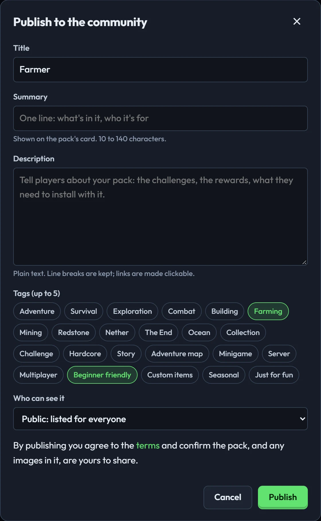 The Publish dialog: title, summary, description, tags and who can see it