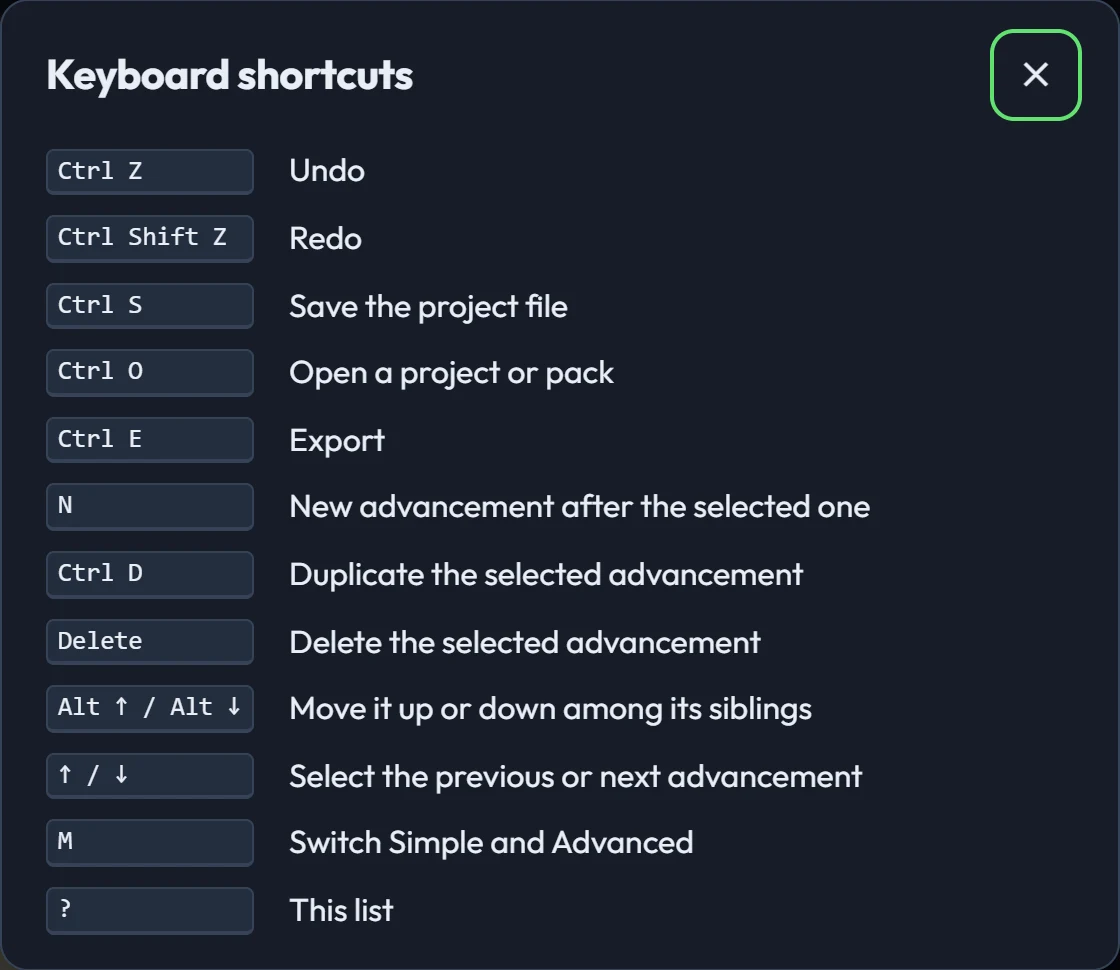 The keyboard shortcuts list