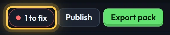 The toolbar's status and the Export pack button