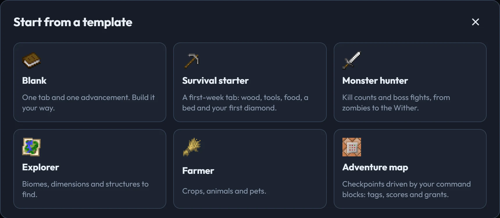 Choosing a template: Blank, Survival starter, Monster hunter, Explorer, Farmer, Adventure map