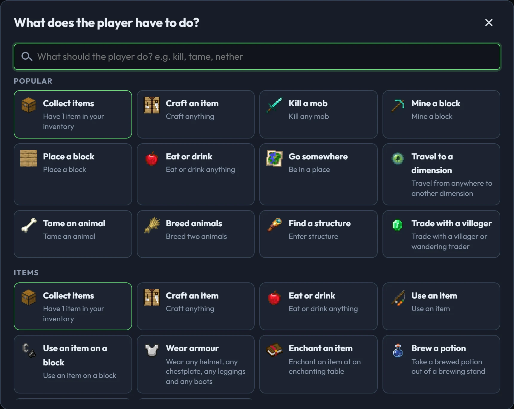 The goal picker: the popular kinds of goal, then every kind by group, with a search box