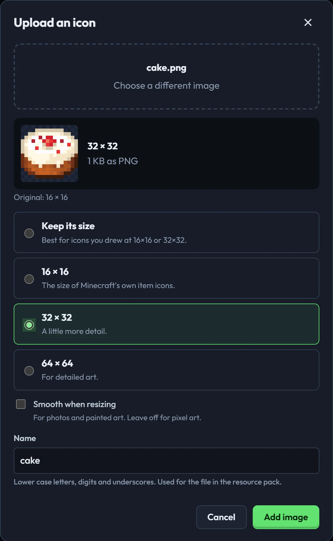 Uploading an icon, with size choices