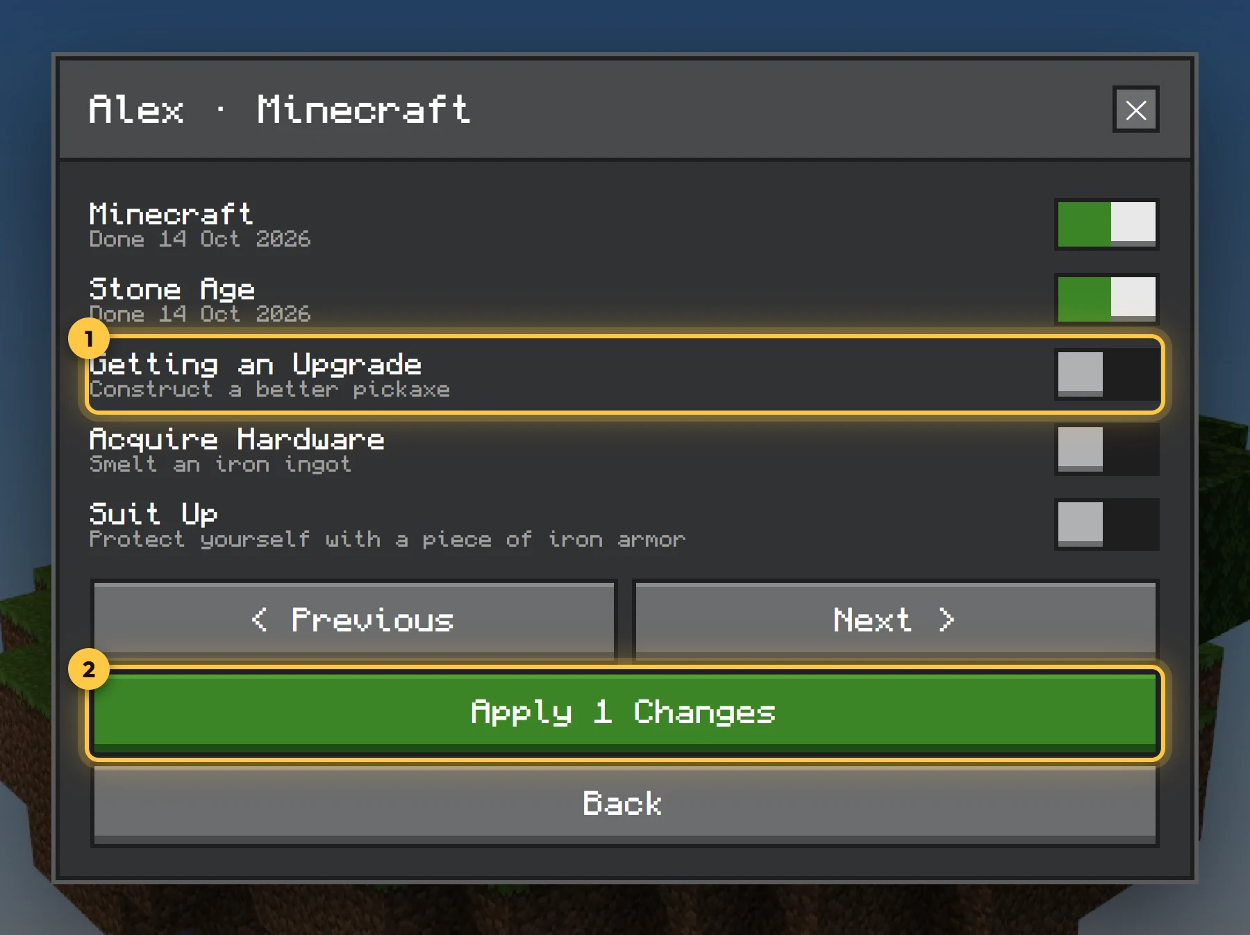 A player's advancements as toggles, with an Apply button