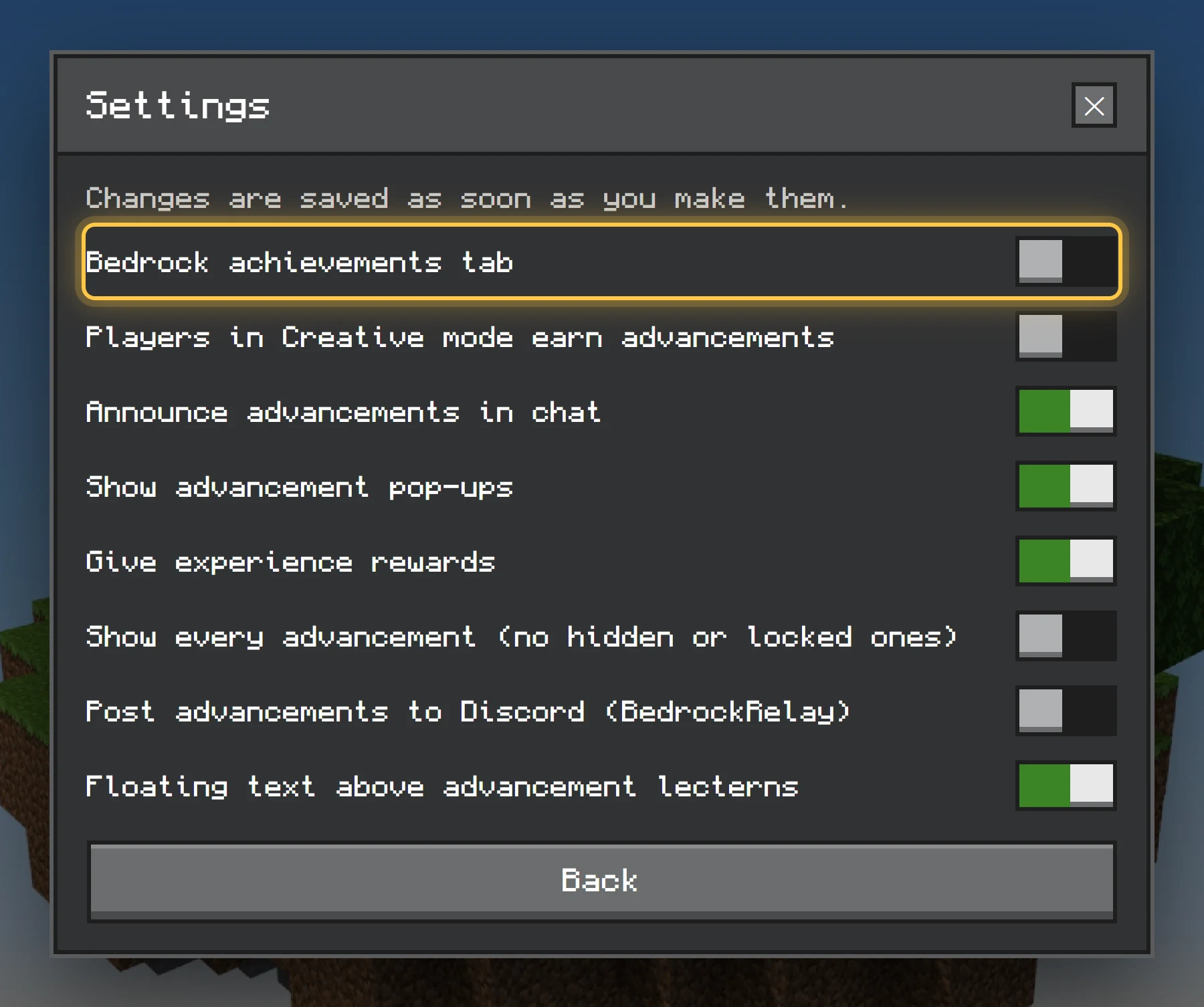 The Settings form with toggles