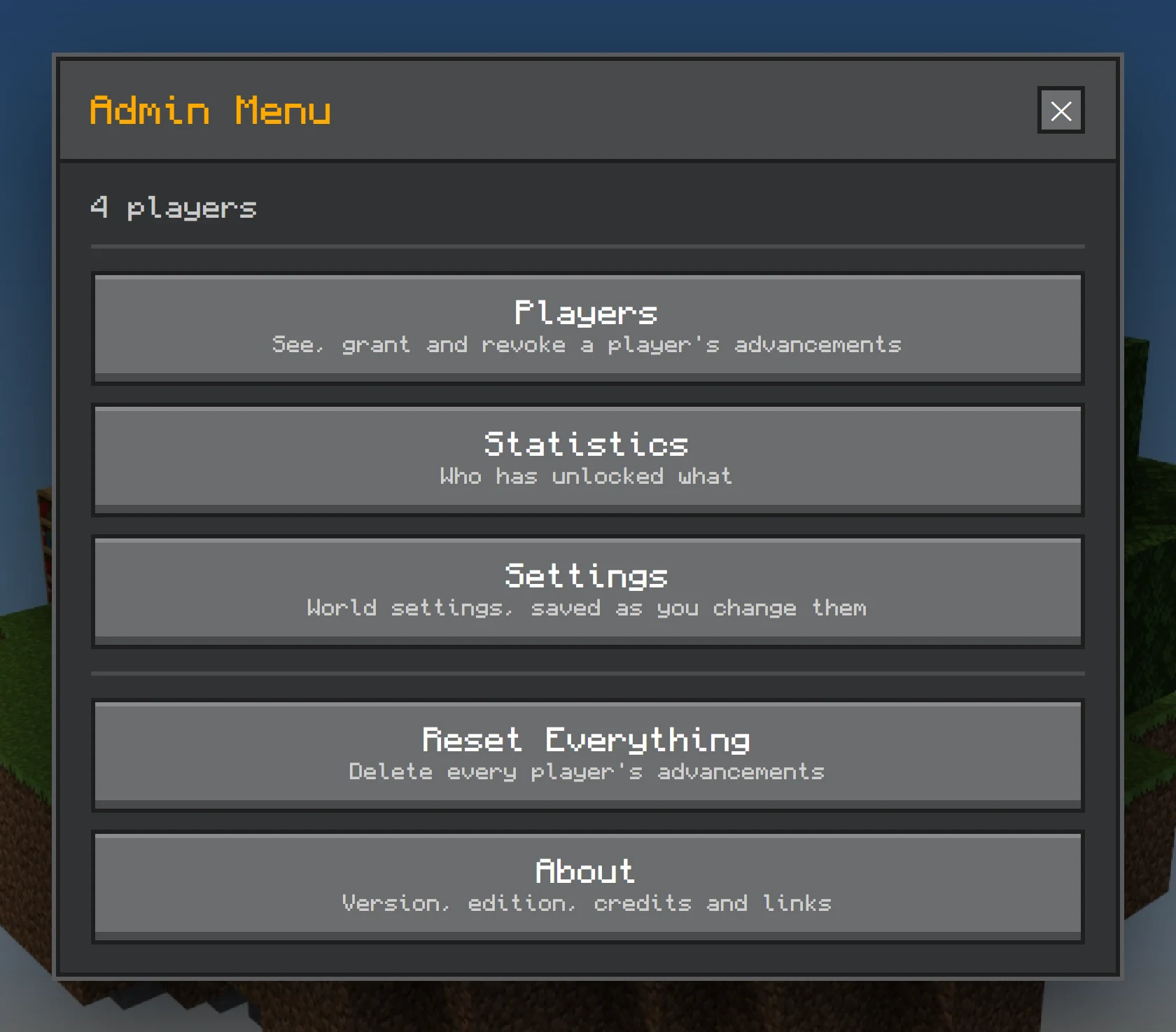 The admin menu: Players, Statistics, Settings, Reset Everything and About
