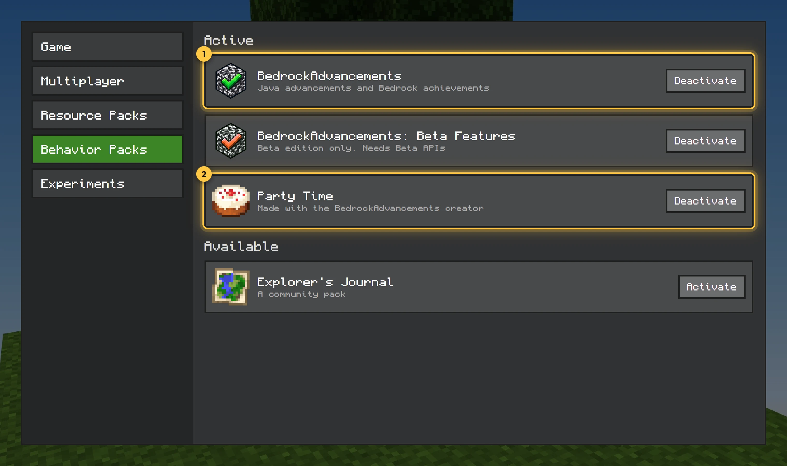 A world's Behavior Packs settings with BedrockAdvancements and a pack made with the creator active