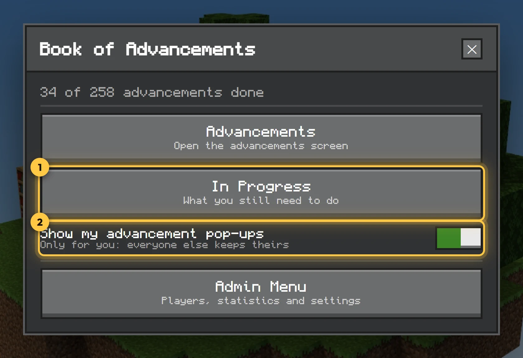 The book's menu: progress, Advancements, In Progress, the pop-ups switch and the admin menu
