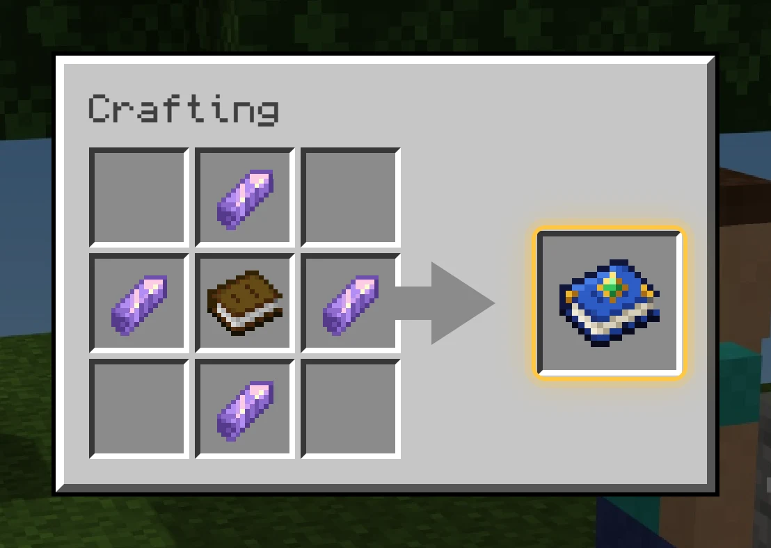 The crafting recipe: a book with an amethyst shard on each side