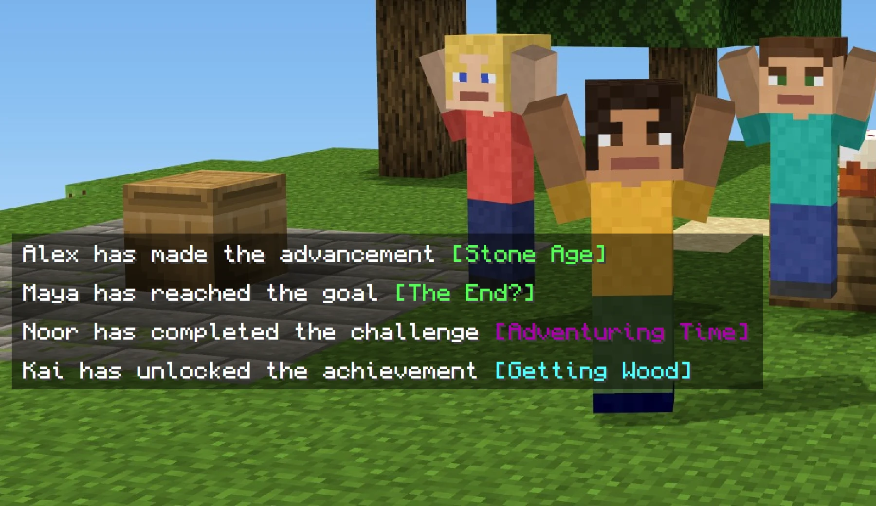 Chat announcements for an advancement, a goal, a challenge and an achievement