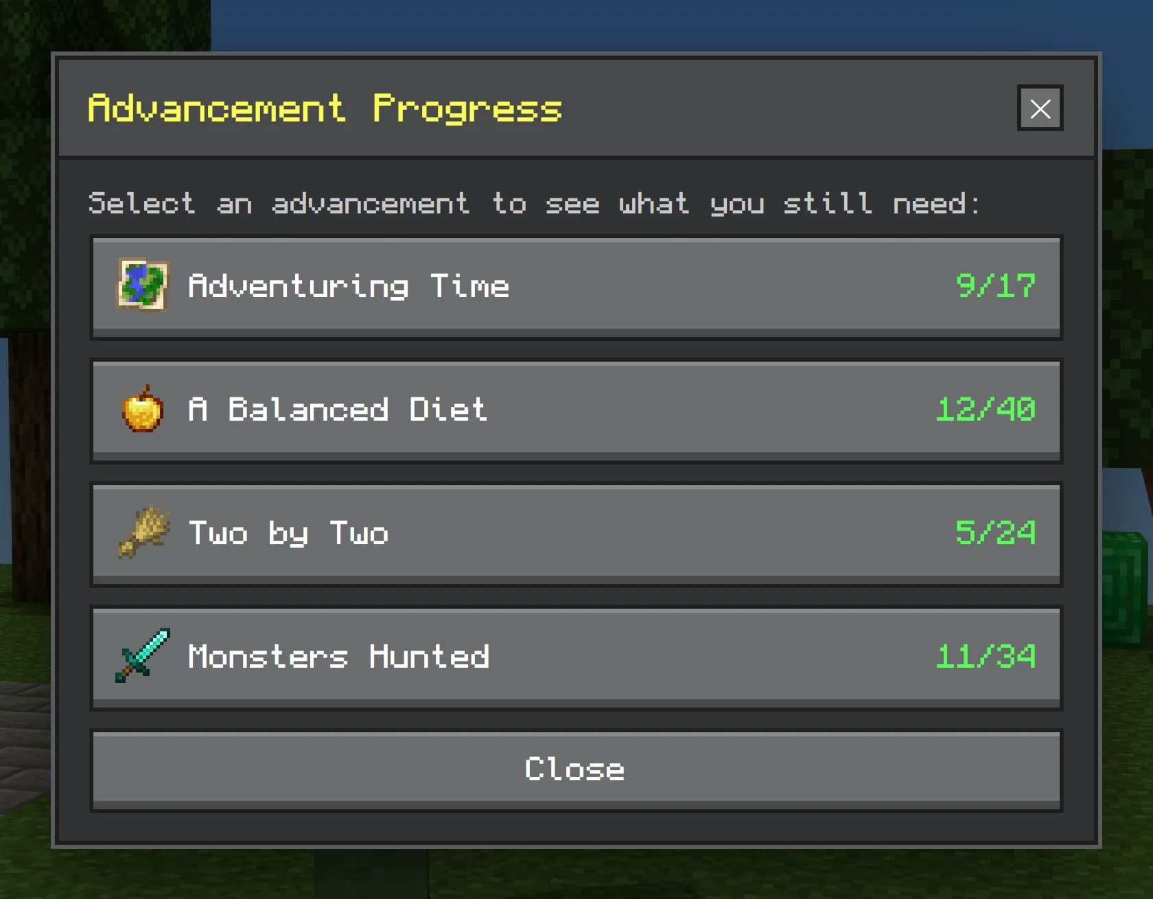 The Advancement Progress list: advancements in progress with counters