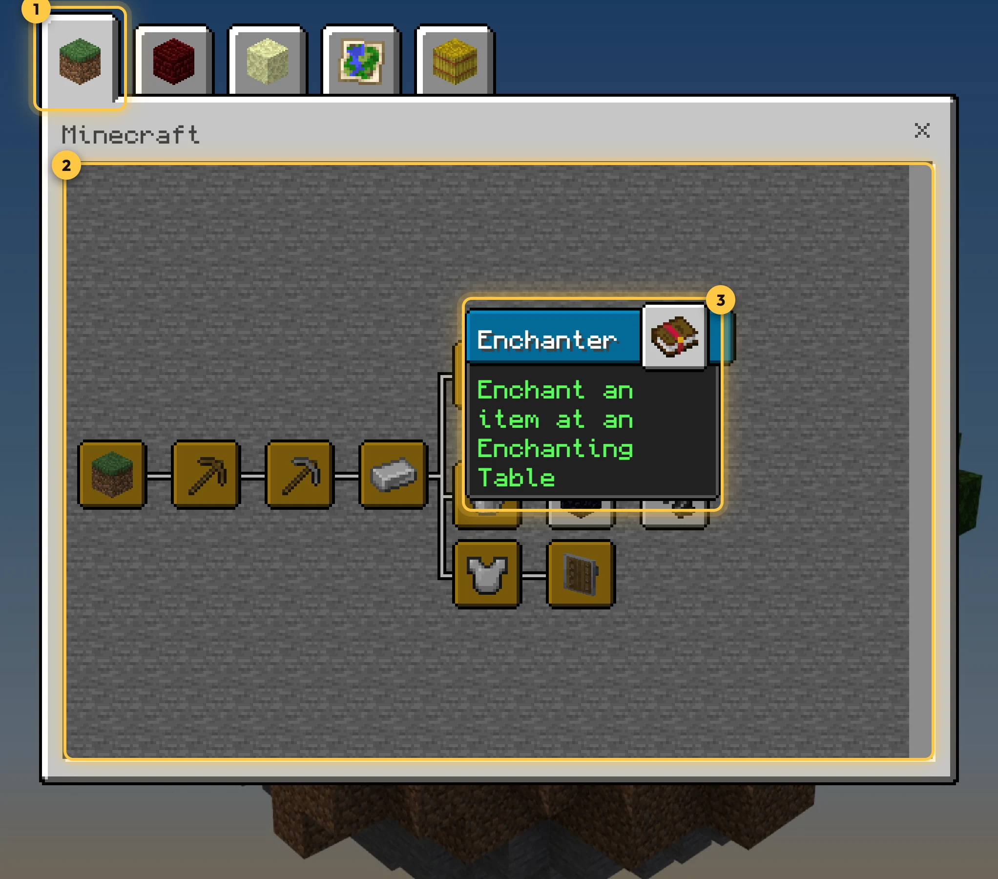 The advancement screen: tabs along the top, a tree of advancements, and a tooltip