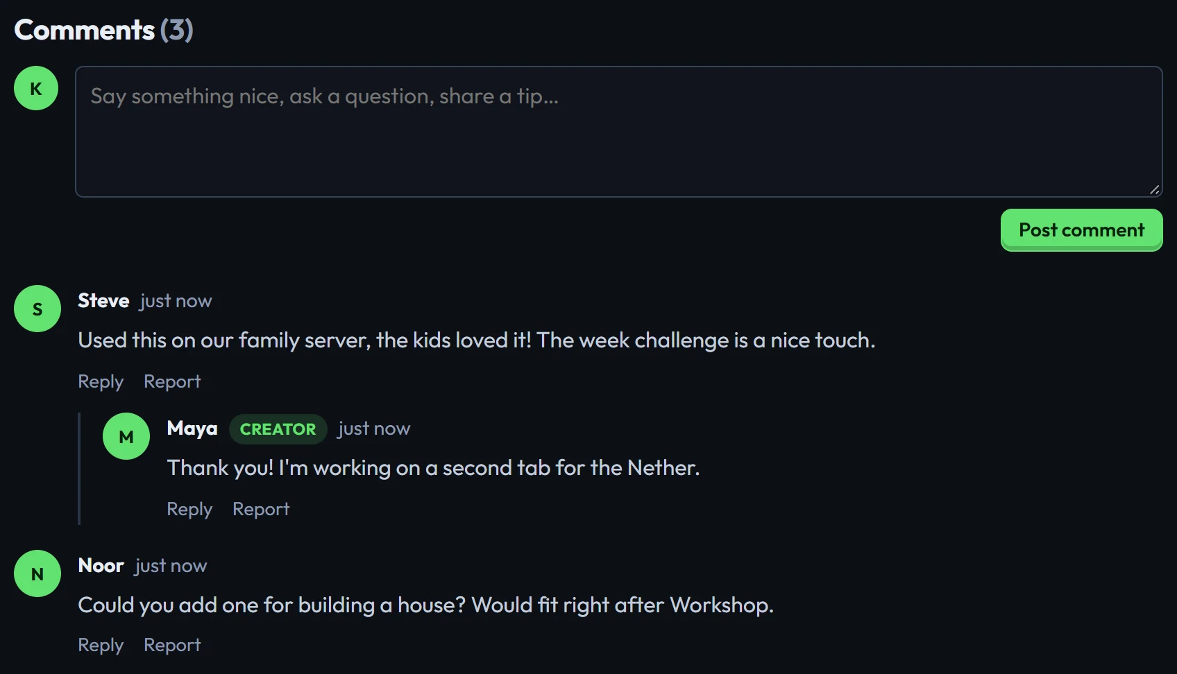 Comments and a reply from the pack's creator