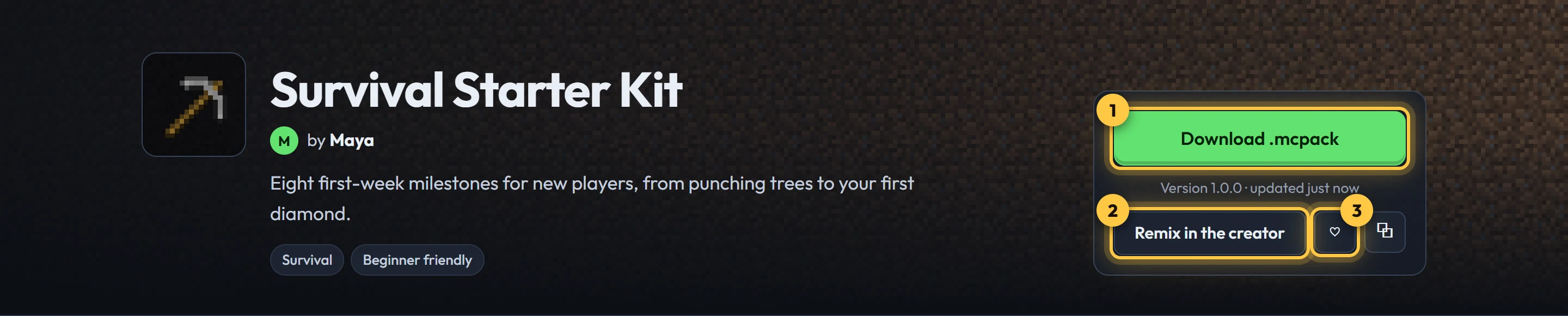 A pack's page: its download button, Remix in the creator and the favourite button