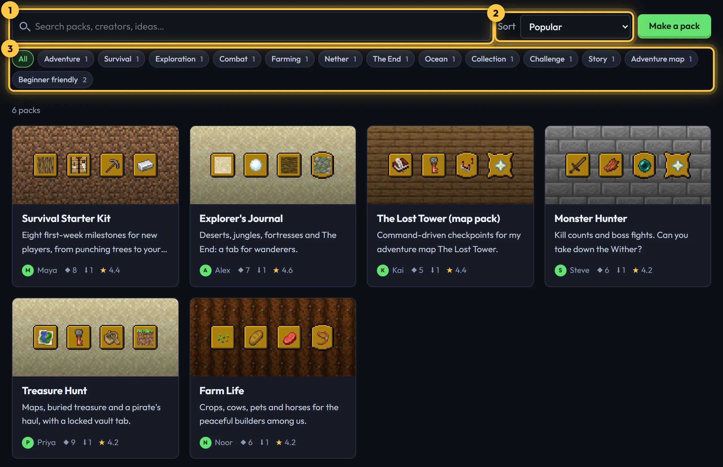 Community packs: search, sort, tags and pack cards